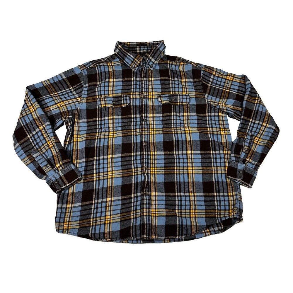 George Flannel Shirt Mens XL Blue Brown Plaid Button Down Pocket Cabincore